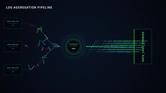 Log aggregation pipeline processing data streams through central aggregator to storage, for big data management, cloud computing, server monitoring, network security, backend analytics
