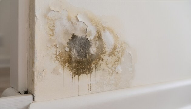 Close-up of a residential wall showing fresh water leakage stains, irregular brown and gray moisture discoloration around a leaking area.
