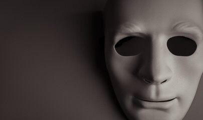 Anonymous white mask emerging from dark background symbolizes digital identity fraud, impersonation, scams, phishing, identity theft, online deception, security threats, and fraud prevention concept. © tete_escape