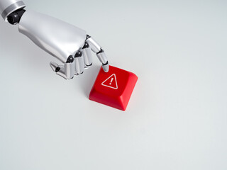 3d Robotic hand pressing a red warning control button isolated on white background with space. AI...
