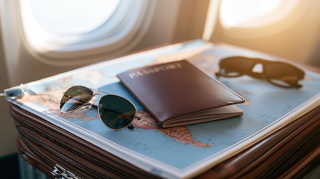 Passport and sunglasses on suitcase inside airplane cabin