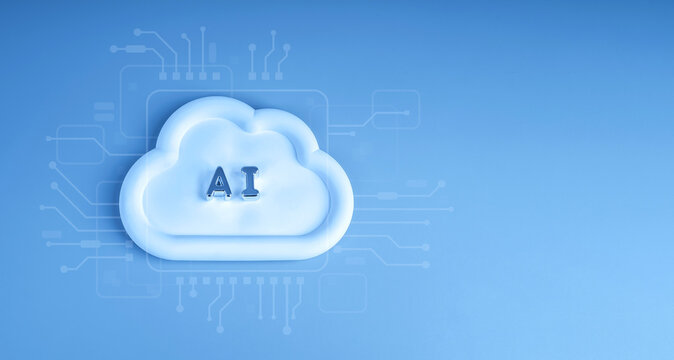 AI cloud symbol with digital circuit graphics on clean blue background. Enterprise AI infrastructure, scalable workloads, cloud services, digital platforms, and modern computing technology concept.