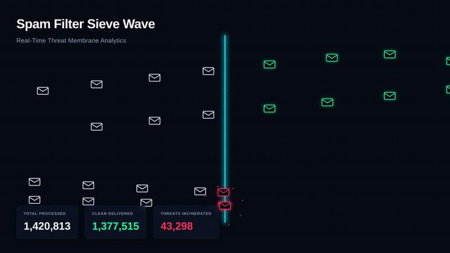 Spam filter sieve wave graphic animation for real-time threat membrane analytics, for cyber security, data protection, network defense, malware interception, digital safety systems