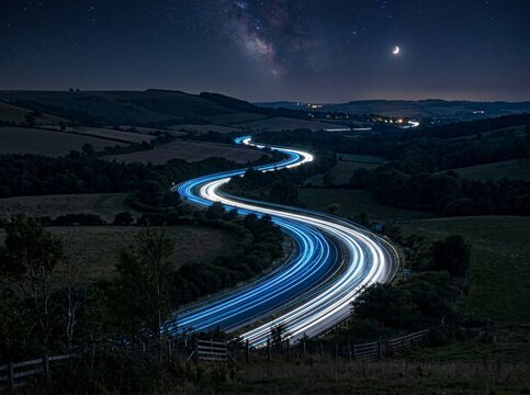 Long Exposure Night Road with Light Trails in Rural Landscape