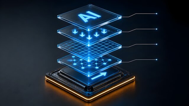 Artificial intelligence neural network layers stacked on microchip representing machine learning architecture and deep data processing