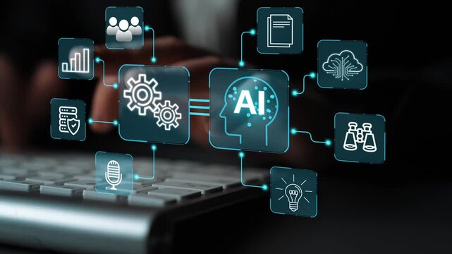 Digital Transformation Concept with AI Technology Icons and Business Growth Elements on Keyboard Background for Stock Photo Use. Entropy.