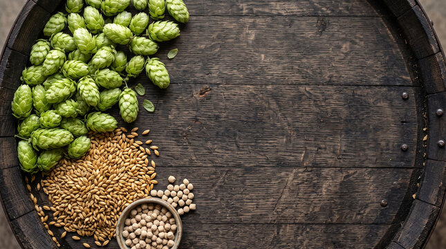 Overhead flat lay of craft beer green hops and barley malt on oak barrel