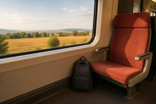 Empty Train Seat with Backpack and Autumn Countryside