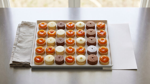 Top-down catering dessert tray with neatly portioned sweets