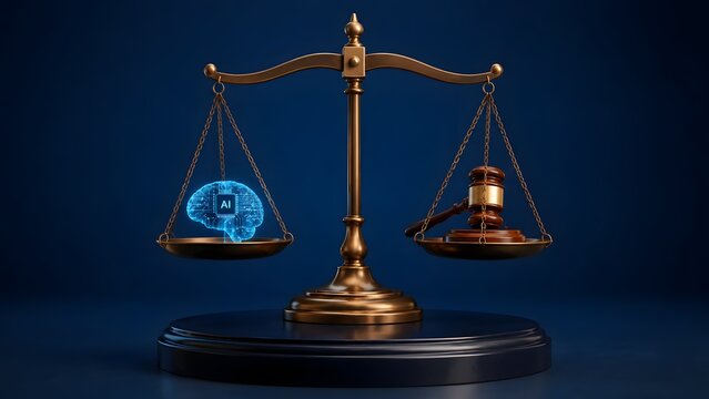 Golden justice scales balancing artificial intelligence brain and wooden judge gavel representing legal technology and ethical cyber law