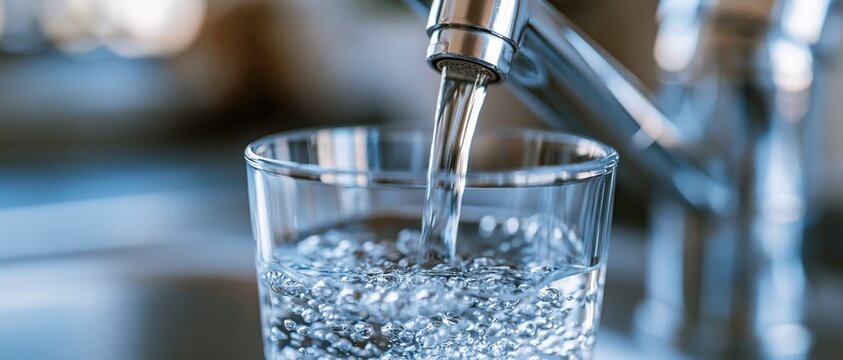 Clear water pouring from metal faucet into glass
