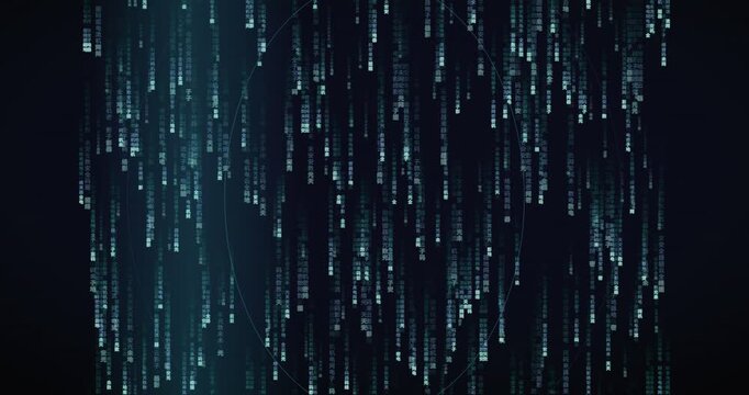 Matrix code rain animation with Han ideograms in violet hues, creating a signal breach atmosphere.