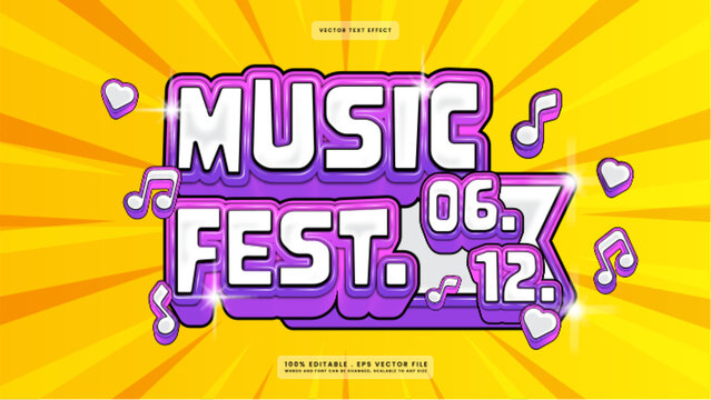 Music Fest 3D Text Effect Poster Design with Musical Notes and Hearts on Yellow Pop Art Background