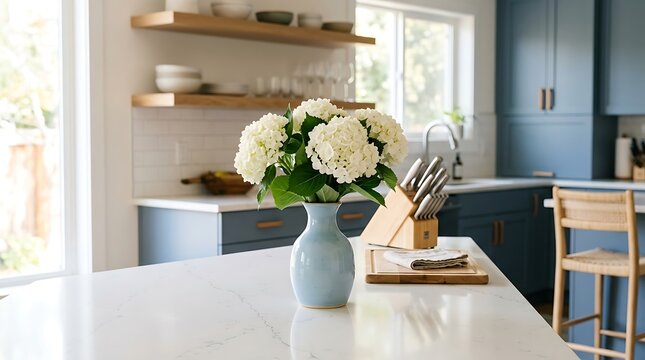 Kitchen interior photo with white hydrangea flowers in blue vase on marble countertop island