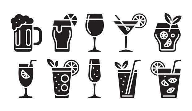 Craft beer and tropical cocktail icon set featuring carbonated drinks with fruit slices and mint garnishes.