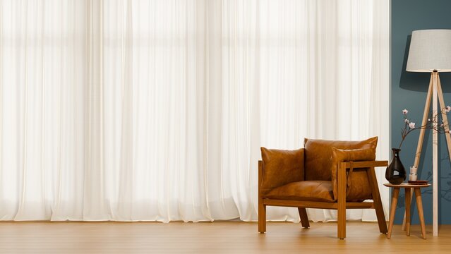 Cozy living room mockup with brown leather armchair and floor lamp for commercial interior display- 3D rendering