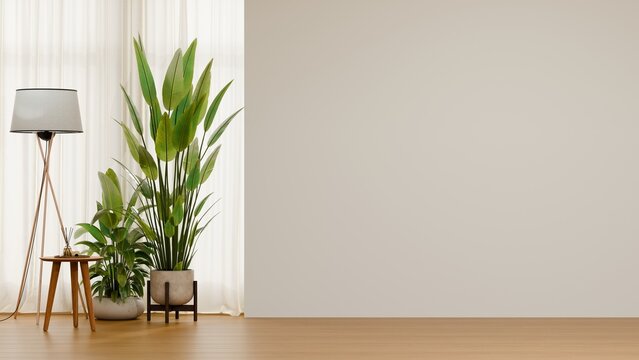 Empty wall mockup with potted plant and floor lamp on wooden floor for interior design presentation- 3D rendering