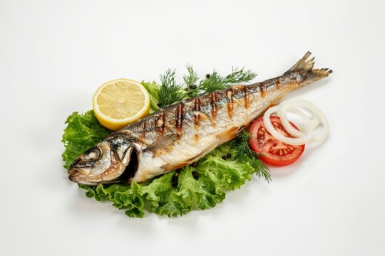 Grilled whole sea bass fish served on a bed of fresh lettuce with lemon, tomato, and onion rings isolated on white background