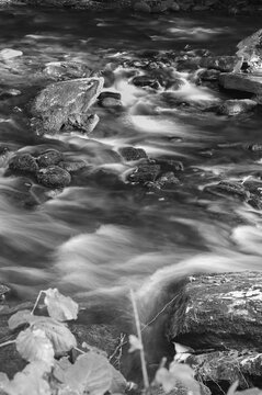 Black and white photo of rushing rapids in Nantahala River, Great Smoky Mountains, North Carolina, USA