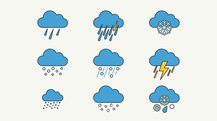 Obraz premium Set of nine flat design weather icons showing rain, snow, hail, and thunderstorms, isolated on a light background