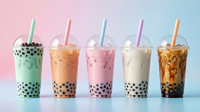 Boba milk tea photo featuring five colorful bubble tea cups with dome lids and straws against a pastel gradient background