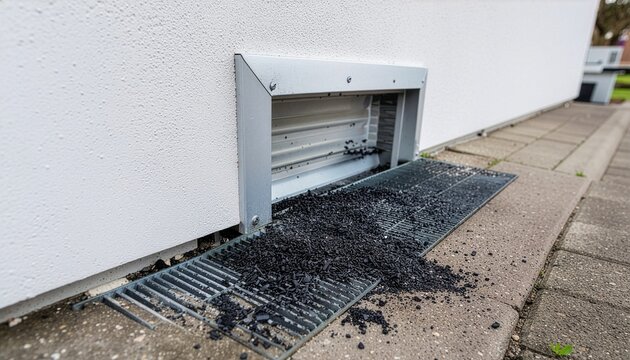 Close-up of basement vent with metal grate and spilled black granules on white wall