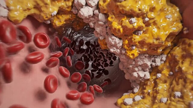 Blood flow through artery with atherosclerotic plaque buildup medical animation
