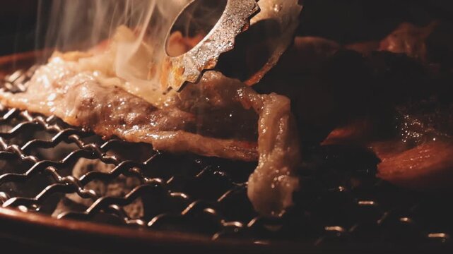 Close-up of marinated pork sizzling on a wire mesh gridiron over hot charcoal.