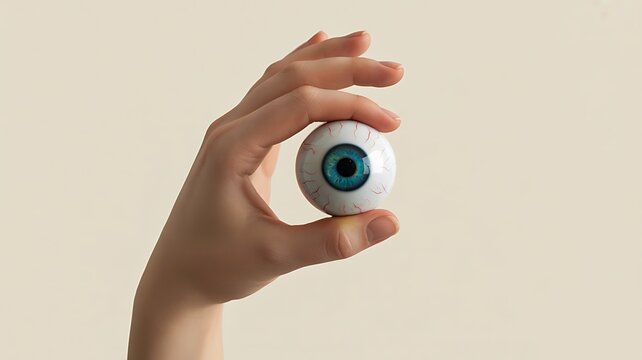 Human hand holding a realistic eyeball representing vision, perception and observation