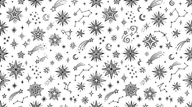 Hand drawn star constellations and celestial elements scattered across a seamless pattern