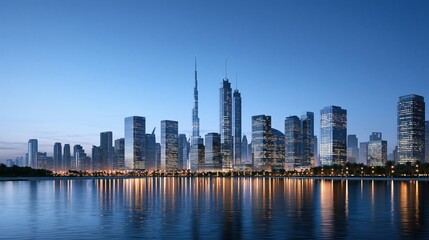 Fototapeta premium Modern city skyline with skyscrapers reflecting on water