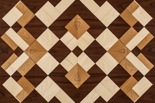 Geometric wooden parquet pattern with intricate light and dark wood tiles arranged in a symmetrical decorative mosaic design