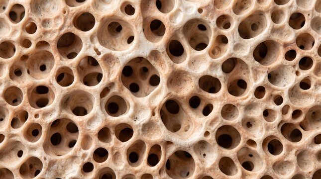 Macro close-up of porous beige organic surface with intricate circular holes and texture