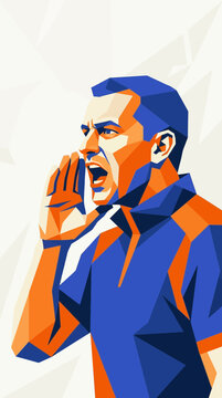 Man shouting, low poly style, geometric design, sport coach, vocalizing