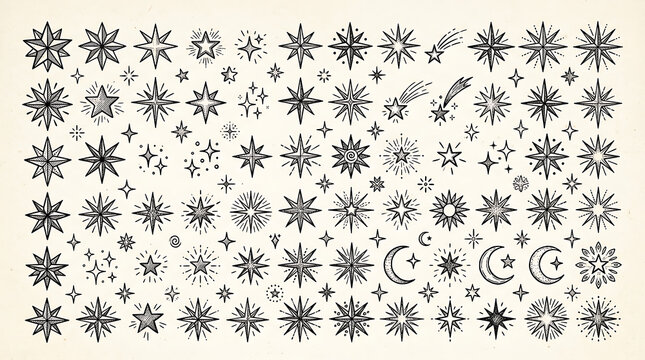 Hand drawn star and moon collection during a whimsical celestial celebration with textured paper