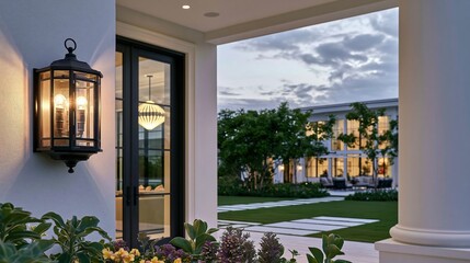 Obraz premium Modern home exterior with glowing lantern and garden