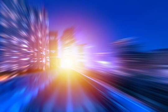 Urban transportation. Motion blur. Abstract city lights create a dynamic speed effect, representing fast traffic, digital technology, business growth and modern infrastructure.