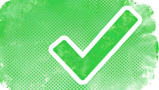 Green Check Mark Graphic: A vibrant green check mark, symbolizing correctness and approval, stands out against a textured, abstract background with subtle halftone dots.