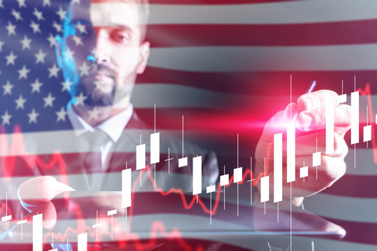Financial market. Investment analysis. Business analyst evaluates stock market trends and financial performance using trading charts against the United States economy concept.