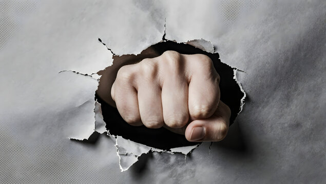 Breaking Through: A clenched fist bursts through a torn paper surface, symbolizing power, determination, and overcoming obstacles.