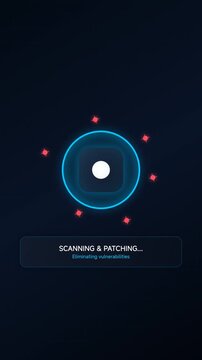 Digital cybersecurity system animation showing threat scanning patching and successful threat protection status