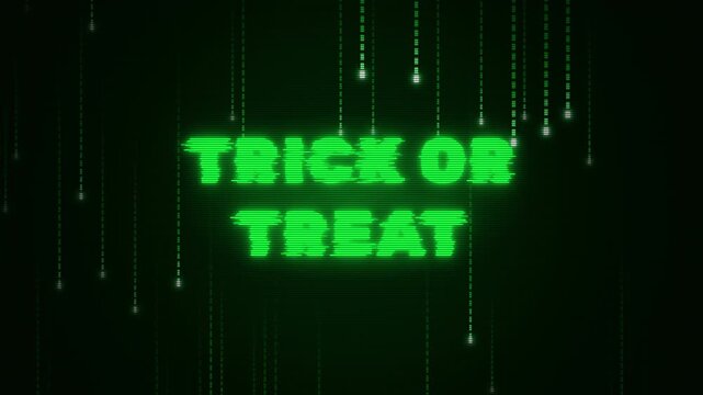 Digital Glitch Trick or Treat Text in Green Matrix Code Rain Animation