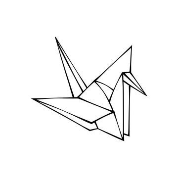 Minimalist black outline origami paper crane vector illustration isolated on transparent background for modern Japanese art design projects