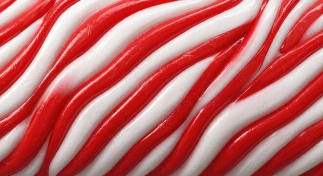 Macro close-up of red and white swirled candy texture, diagonal wavy striped pattern of glossy confectionery surface