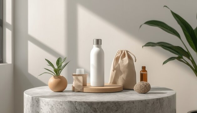 Eco-friendly Lifestyle Essentials: A minimalist arrangement of sustainable products, including a reusable water bottle, a canvas drawstring bag, and natural potted plants.