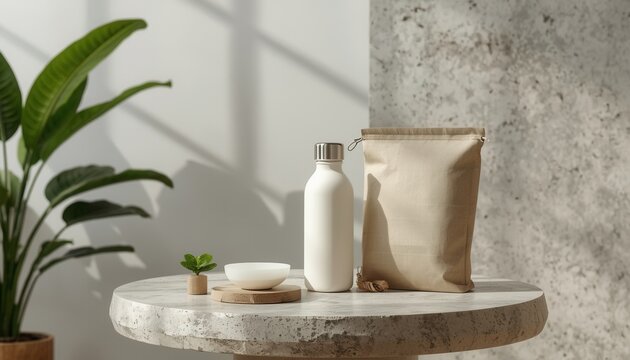 Minimalist Table Setting with Plant: A clean and modern table arrangement featuring a white water bottle, a small bowl, and a brown paper bag.