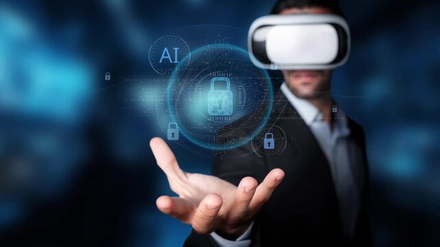 Professional man wearing virtual reality headset presents a hand with AI lock symbol, representing digital security, innovative technology, and immersive experiences. Raster
