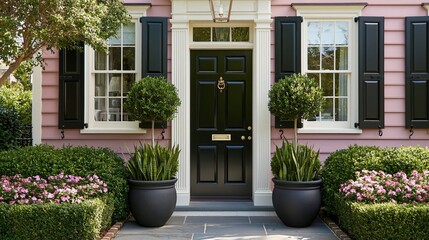 Obraz premium Pink house entrance with black door and planters