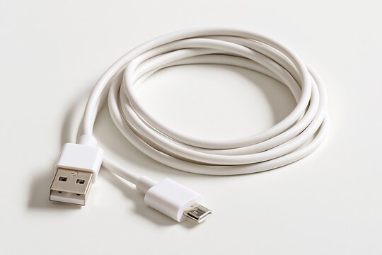 White micro usb cable coiled on white background