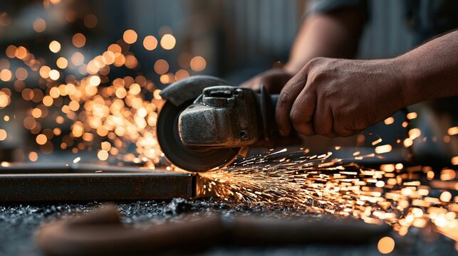 Worker using angle grinder cutting metal sparks flying